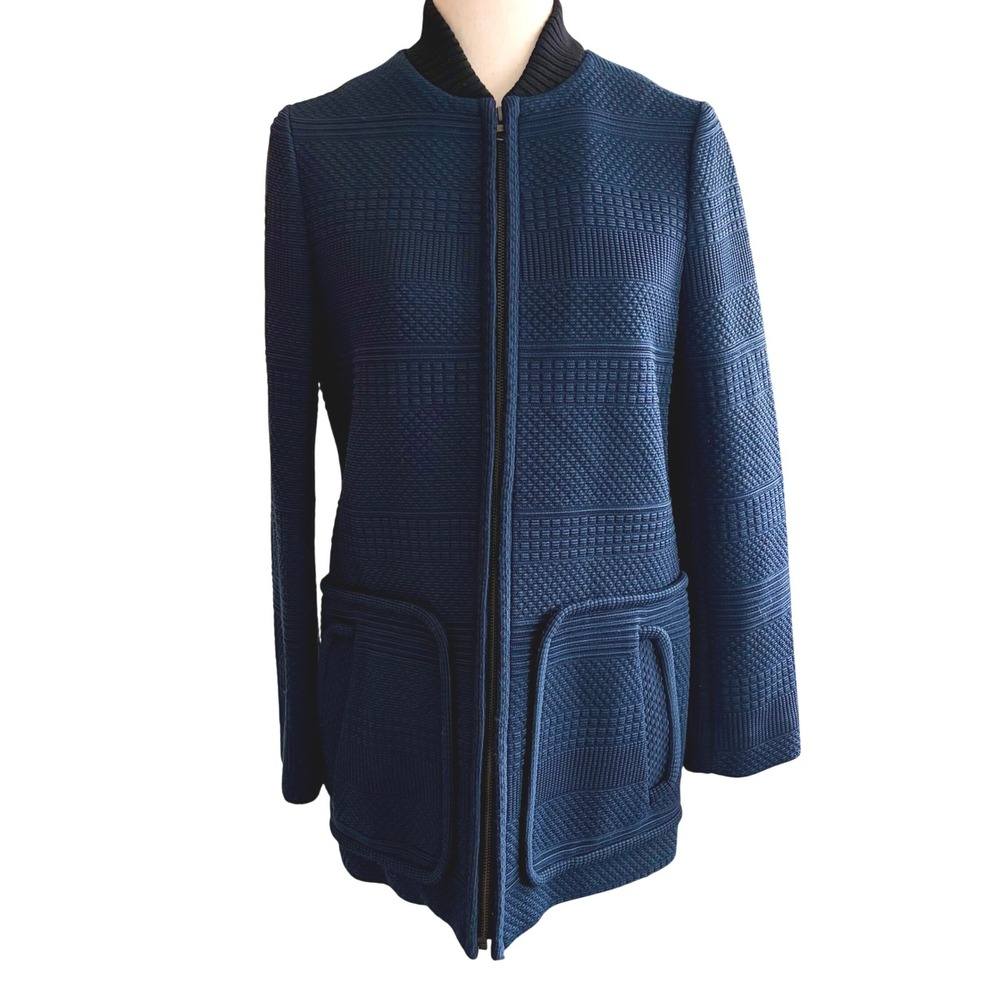 Tory Burch Navy Blue Textured Jacquard Knit Zip Front Jacket XS